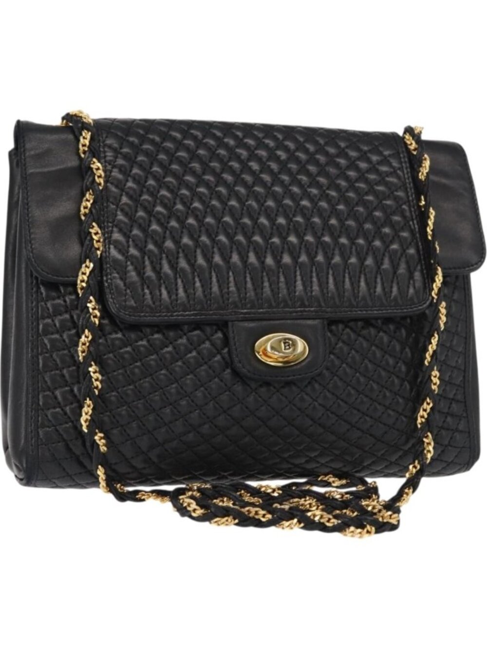 BALLY Quilted Chain Shoulder Bag Leather Black Gold